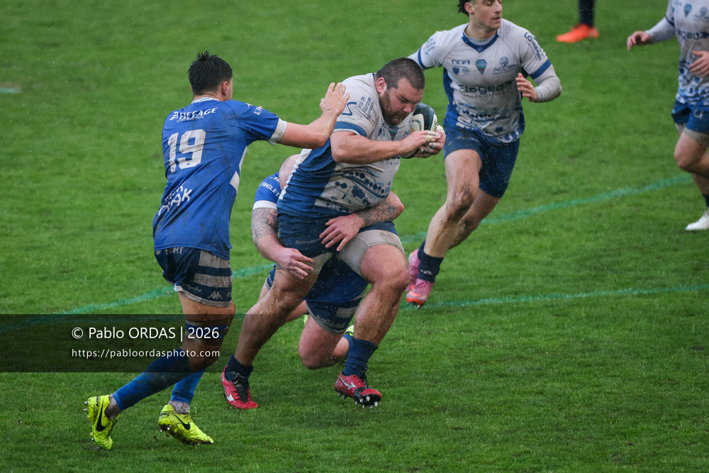 Julien Moretto, lors du match de Nationale 2 entre l'Anglet olympique et l'US Marmande, le 8 février 2026 au stade Saint-Jean d'Anglet, France (Photo Pablo ORDAS)