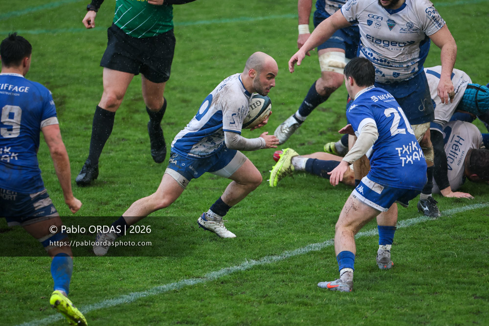 Justin Simonnet, lors du match de Nationale 2 entre l'Anglet olympique et l'US Marmande, le 8 février 2026 au stade Saint-Jean d'Anglet, France (Photo Pablo ORDAS)