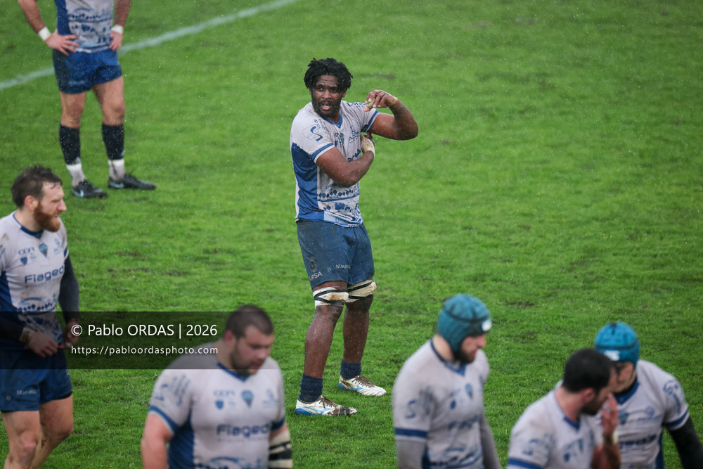 Mederyck Moustin, lors du match de Nationale 2 entre l'Anglet olympique et l'US Marmande, le 8 février 2026 au stade Saint-Jean d'Anglet, France (Photo Pablo ORDAS)