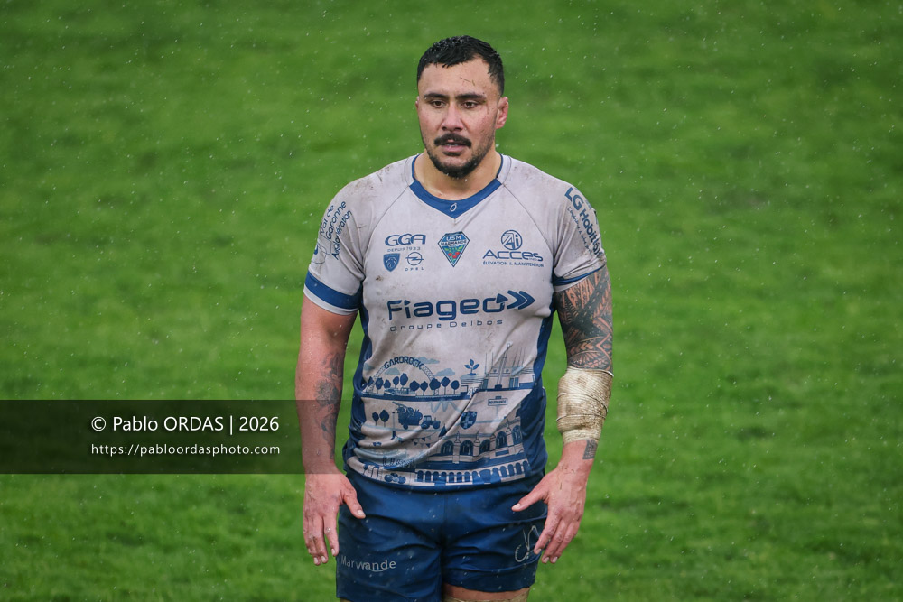 Thomas Toevalu, lors du match de Nationale 2 entre l'Anglet olympique et l'US Marmande, le 8 février 2026 au stade Saint-Jean d'Anglet, France (Photo Pablo ORDAS)