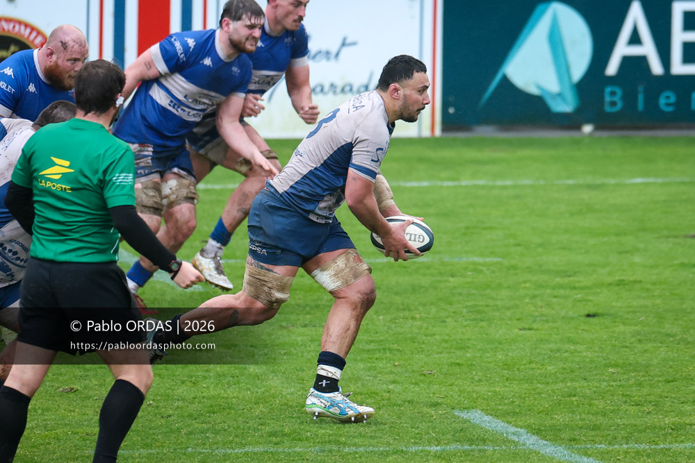 Thomas Toevalu, lors du match de Nationale 2 entre l'Anglet olympique et l'US Marmande, le 8 février 2026 au stade Saint-Jean d'Anglet, France (Photo Pablo ORDAS)