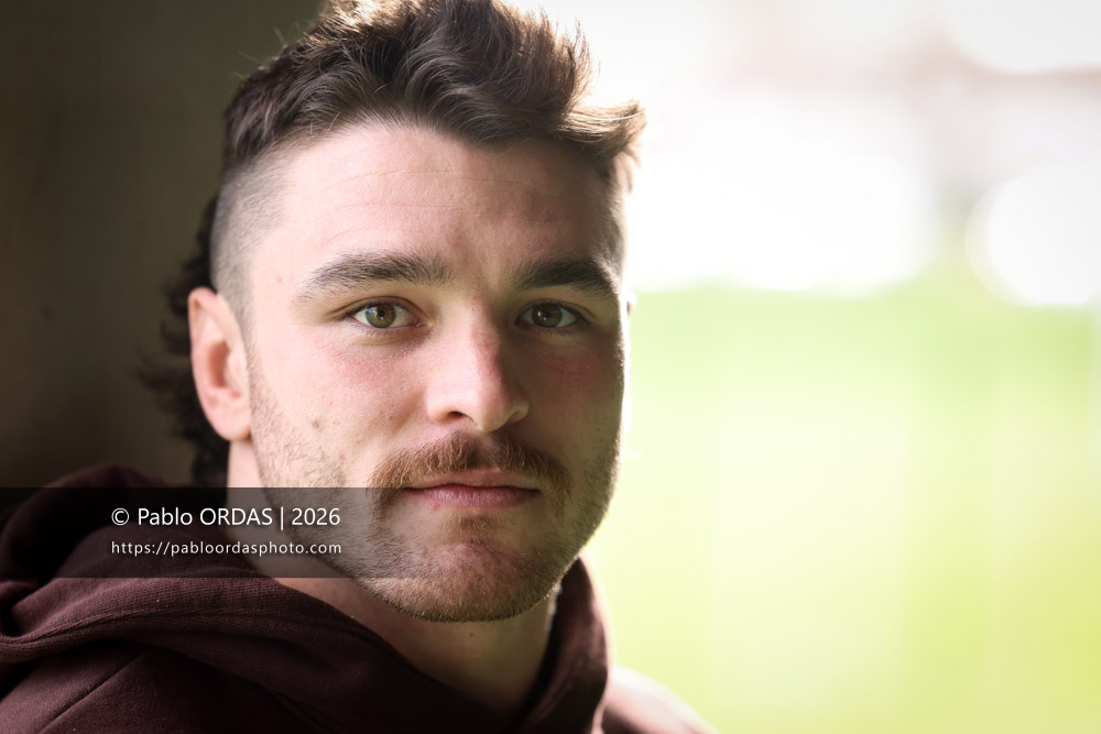 Portrait du joueur de l'Aviron bayonnais Mateo Carreras, le 22 janvier 2026 à Bayonne, France (Photo Pablo ORDAS)