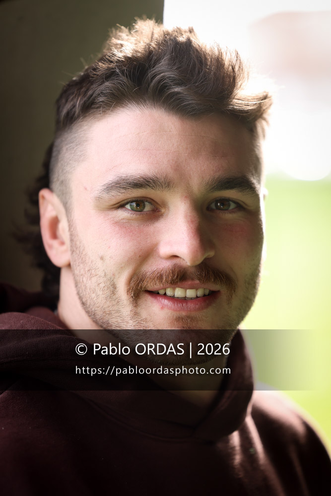 Portrait du joueur de l'Aviron bayonnais Mateo Carreras, le 22 janvier 2026 à Bayonne, France (Photo Pablo ORDAS)