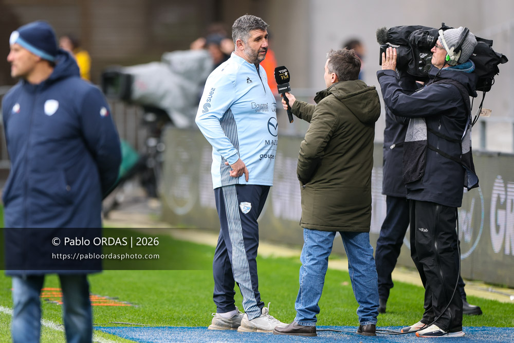 Grégory Patat, lors du match de Top 14 entre l'Aviron bayonnais et le Racing 92, le 14 février 2026 au stade Jean Dauger de Bayonne, France (Photo Pablo ORDAS)