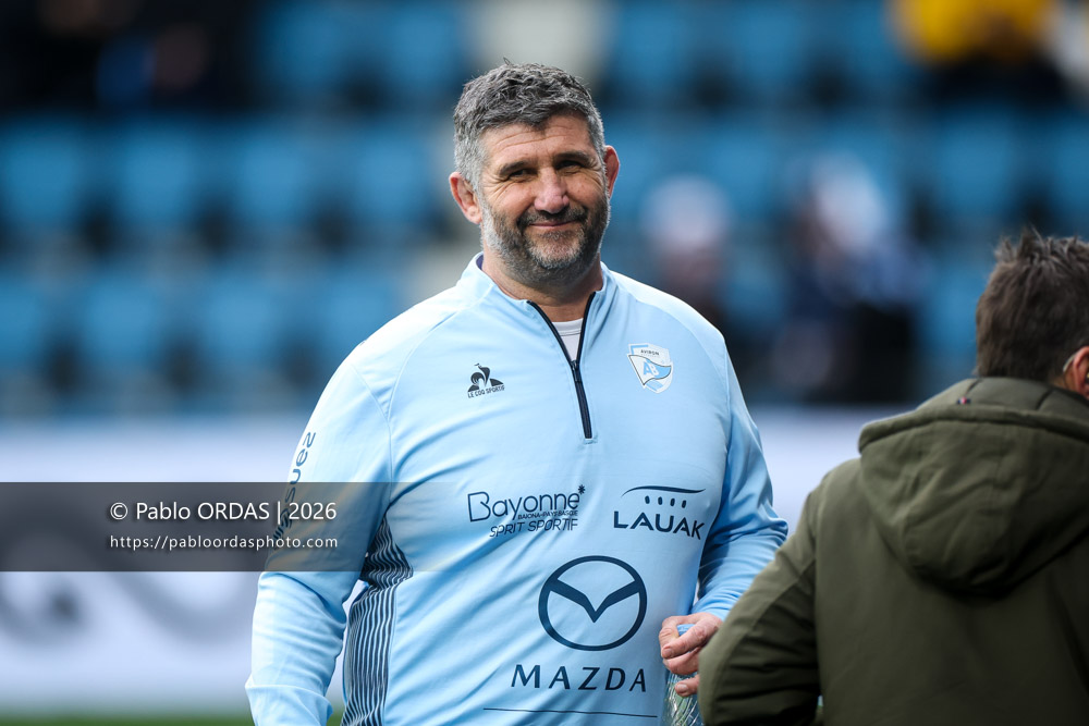 Grégory Patat, lors du match de Top 14 entre l'Aviron bayonnais et le Racing 92, le 14 février 2026 au stade Jean Dauger de Bayonne, France (Photo Pablo ORDAS)
