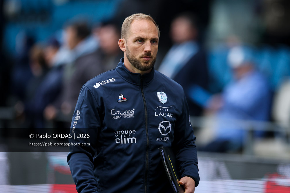 Jean Monribot, lors du match de Top 14 entre l'Aviron bayonnais et le Racing 92, le 14 février 2026 au stade Jean Dauger de Bayonne, France (Photo Pablo ORDAS)
