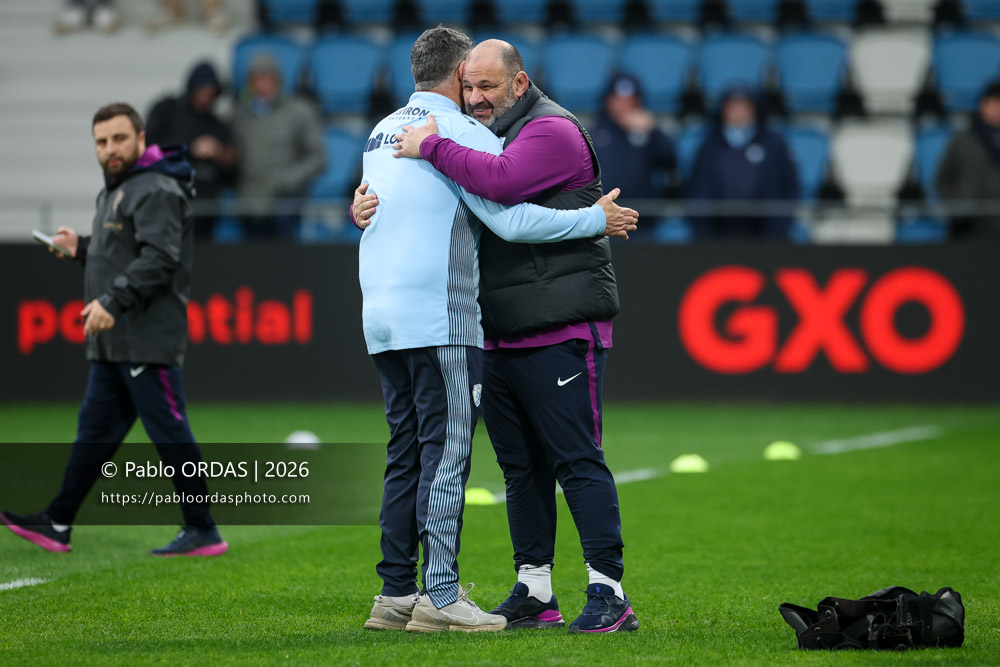 Grégory Patat, Patrice Collazo, lors du match de Top 14 entre l'Aviron bayonnais et le Racing 92, le 14 février 2026 au stade Jean Dauger de Bayonne, France (Photo Pablo ORDAS)