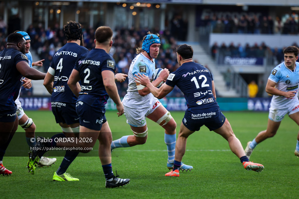Alexander Moon, lors du match de Top 14 entre l'Aviron bayonnais et le Racing 92, le 14 février 2026 au stade Jean Dauger de Bayonne, France (Photo Pablo ORDAS)