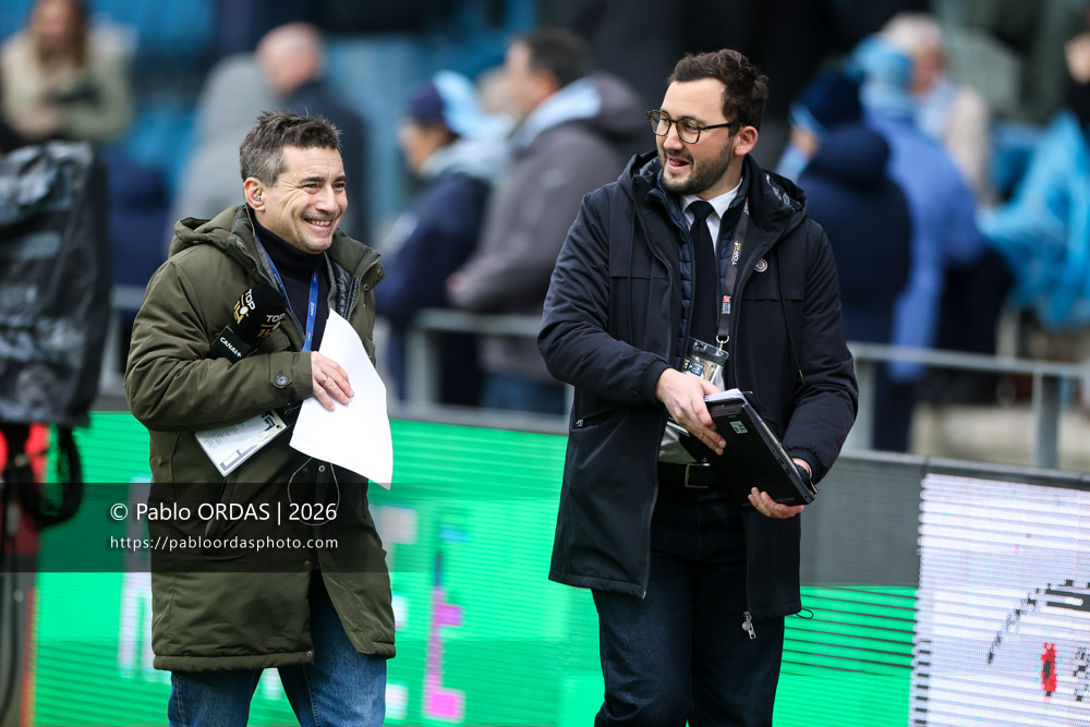 Thomas Glavany, Damien Bourdeilh, lors du match de Top 14 entre l'Aviron bayonnais et le Racing 92, le 14 février 2026 au stade Jean Dauger de Bayonne, France (Photo Pablo ORDAS)