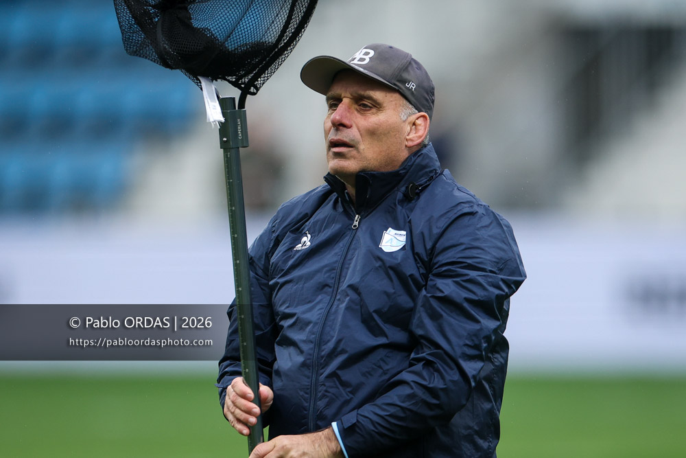 Joël Rey, lors du match de Top 14 entre l'Aviron bayonnais et le Racing 92, le 14 février 2026 au stade Jean Dauger de Bayonne, France (Photo Pablo ORDAS)
