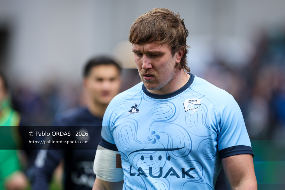 Alexander Moon, lors du match de Top 14 entre l'Aviron bayonnais et le Racing 92, le 14 février 2026 au stade Jean Dauger de Bayonne, France (Photo Pablo ORDAS)