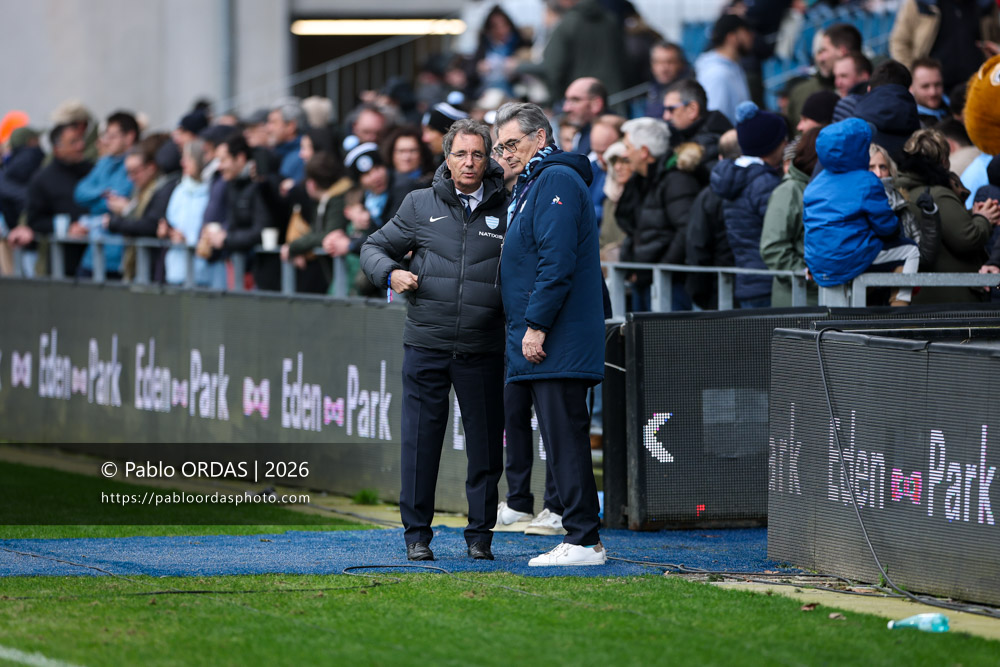 Arnaud Tourtoulou, Benoit Thieullent, lors du match de Top 14 entre l'Aviron bayonnais et le Racing 92, le 14 février 2026 au stade Jean Dauger de Bayonne, France (Photo Pablo ORDAS)
