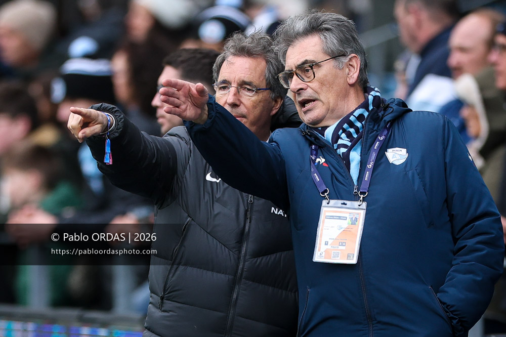 Arnaud Tourtoulou, Benoit Thieullent, lors du match de Top 14 entre l'Aviron bayonnais et le Racing 92, le 14 février 2026 au stade Jean Dauger de Bayonne, France (Photo Pablo ORDAS)