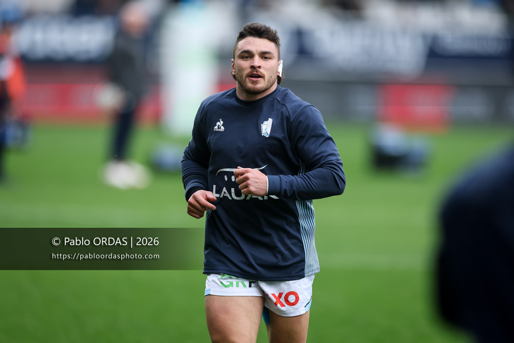 Mateo Carreras, lors du match de Top 14 entre l'Aviron bayonnais et le Racing 92, le 14 février 2026 au stade Jean Dauger de Bayonne, France (Photo Pablo ORDAS)