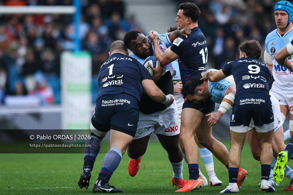 Luke Tagi, lors du match de Top 14 entre l'Aviron bayonnais et le Racing 92, le 14 février 2026 au stade Jean Dauger de Bayonne, France (Photo Pablo ORDAS)