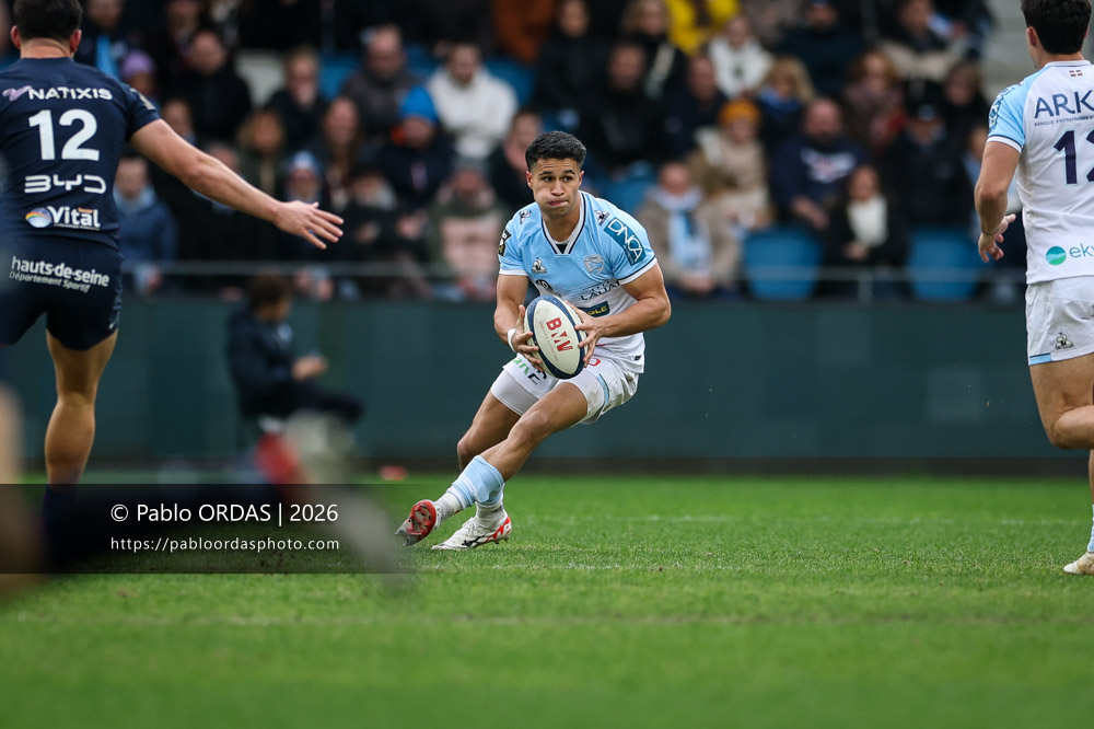Tom Spring, lors du match de Top 14 entre l'Aviron bayonnais et le Racing 92, le 14 février 2026 au stade Jean Dauger de Bayonne, France (Photo Pablo ORDAS)