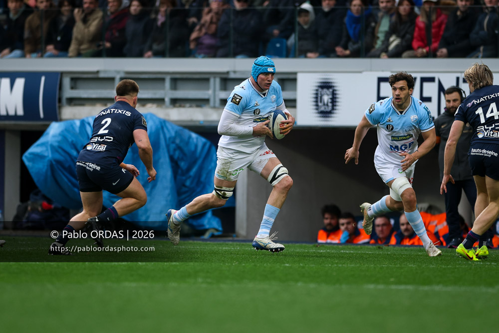 Arthur Iturria, lors du match de Top 14 entre l'Aviron bayonnais et le Racing 92, le 14 février 2026 au stade Jean Dauger de Bayonne, France (Photo Pablo ORDAS)