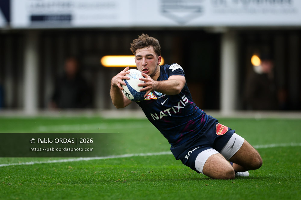 Léo Carbonneau, lors du match de Top 14 entre l'Aviron bayonnais et le Racing 92, le 14 février 2026 au stade Jean Dauger de Bayonne, France (Photo Pablo ORDAS)