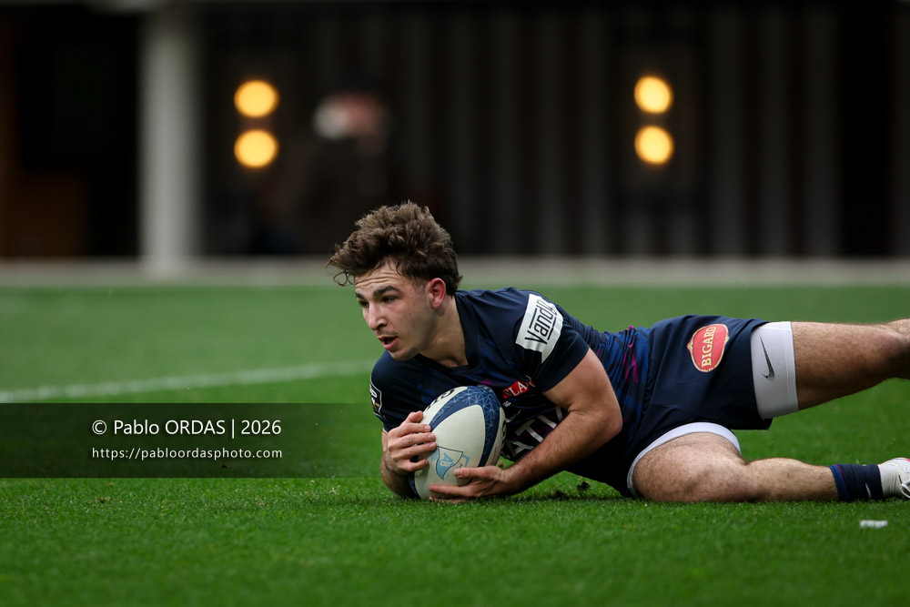 Léo Carbonneau, lors du match de Top 14 entre l'Aviron bayonnais et le Racing 92, le 14 février 2026 au stade Jean Dauger de Bayonne, France (Photo Pablo ORDAS)