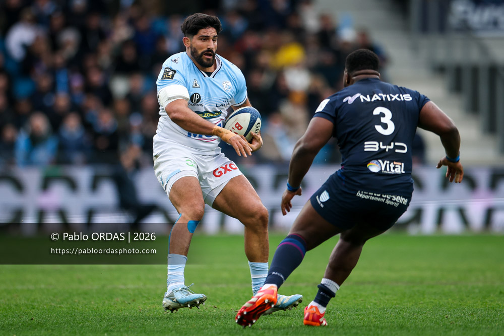 Rodrigo Bruni, lors du match de Top 14 entre l'Aviron bayonnais et le Racing 92, le 14 février 2026 au stade Jean Dauger de Bayonne, France (Photo Pablo ORDAS)