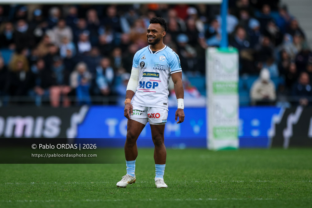 Sireli Maqala, lors du match de Top 14 entre l'Aviron bayonnais et le Racing 92, le 14 février 2026 au stade Jean Dauger de Bayonne, France (Photo Pablo ORDAS)