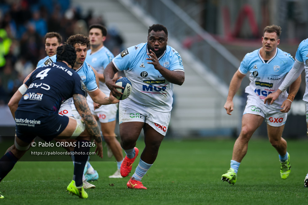 Luke Tagi, lors du match de Top 14 entre l'Aviron bayonnais et le Racing 92, le 14 février 2026 au stade Jean Dauger de Bayonne, France (Photo Pablo ORDAS)