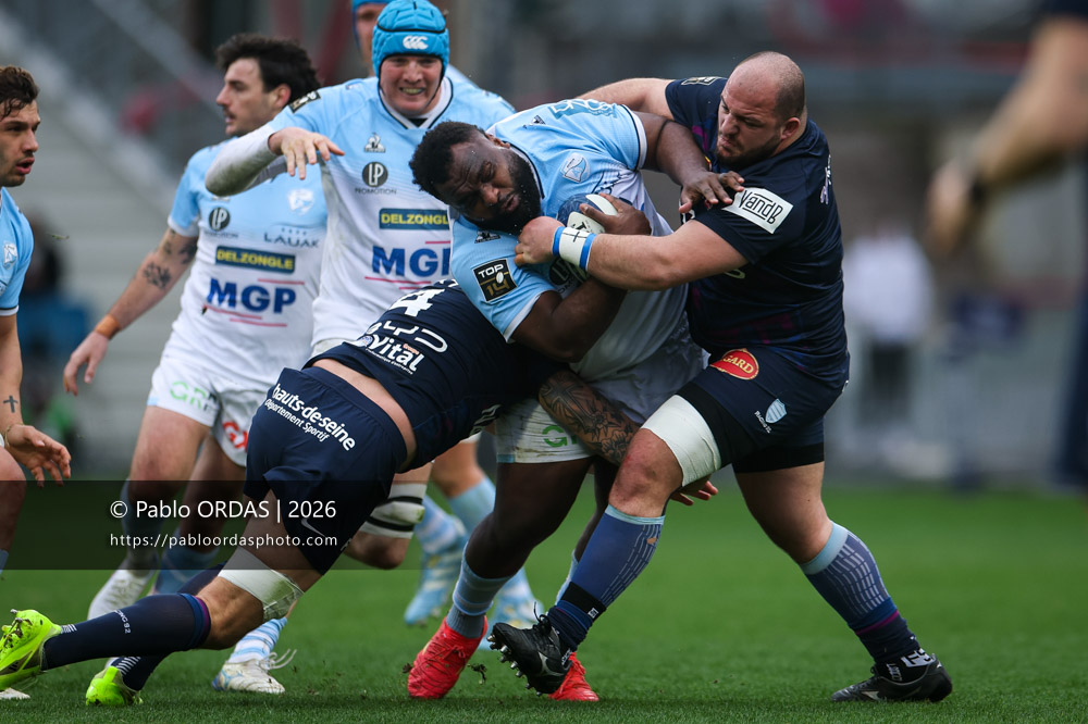 Luke Tagi, lors du match de Top 14 entre l'Aviron bayonnais et le Racing 92, le 14 février 2026 au stade Jean Dauger de Bayonne, France (Photo Pablo ORDAS)