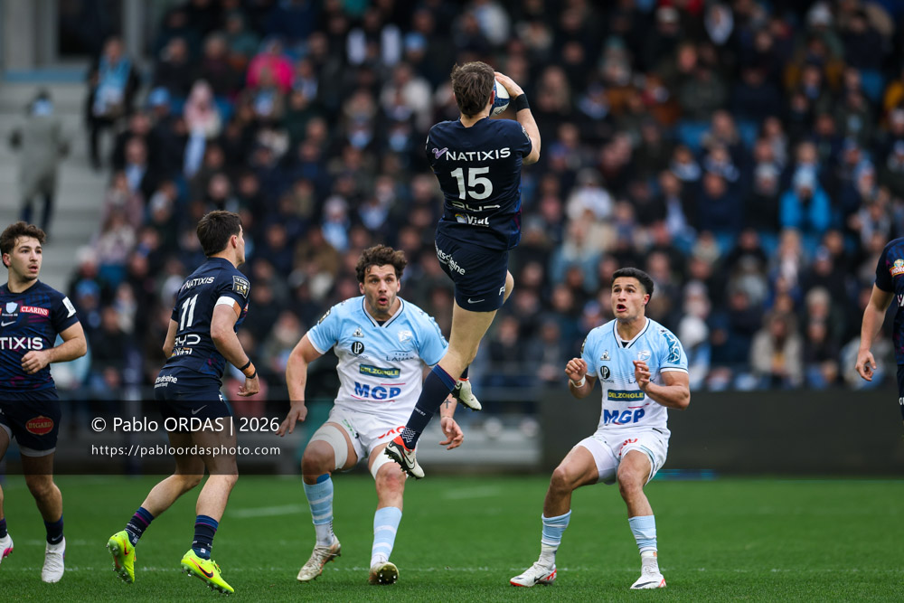 Sam James, lors du match de Top 14 entre l'Aviron bayonnais et le Racing 92, le 14 février 2026 au stade Jean Dauger de Bayonne, France (Photo Pablo ORDAS)