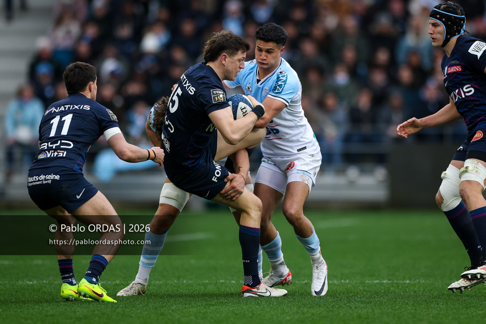 Sam James, lors du match de Top 14 entre l'Aviron bayonnais et le Racing 92, le 14 février 2026 au stade Jean Dauger de Bayonne, France (Photo Pablo ORDAS)