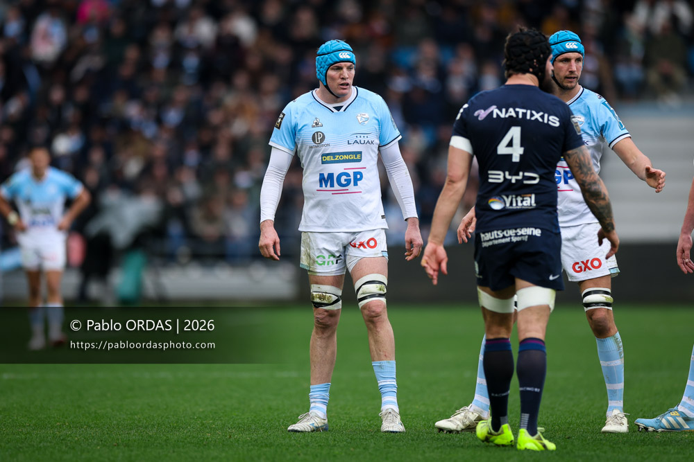 Arthur Iturria, lors du match de Top 14 entre l'Aviron bayonnais et le Racing 92, le 14 février 2026 au stade Jean Dauger de Bayonne, France (Photo Pablo ORDAS)