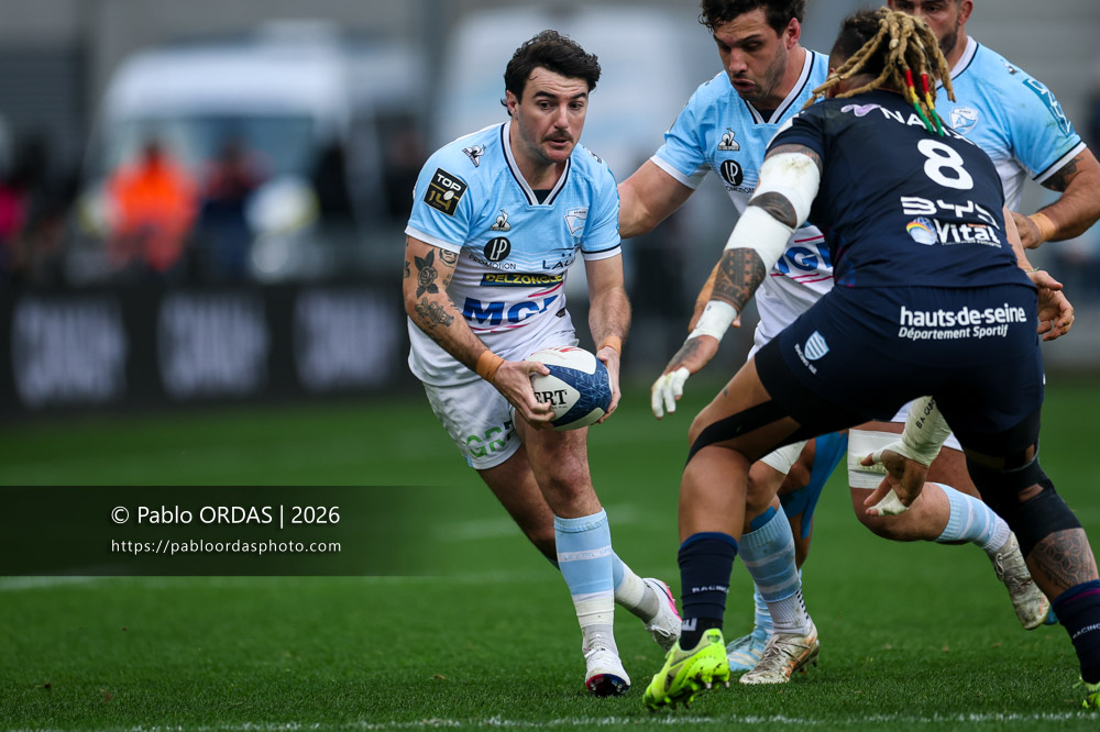 Baptiste Germain, lors du match de Top 14 entre l'Aviron bayonnais et le Racing 92, le 14 février 2026 au stade Jean Dauger de Bayonne, France (Photo Pablo ORDAS)