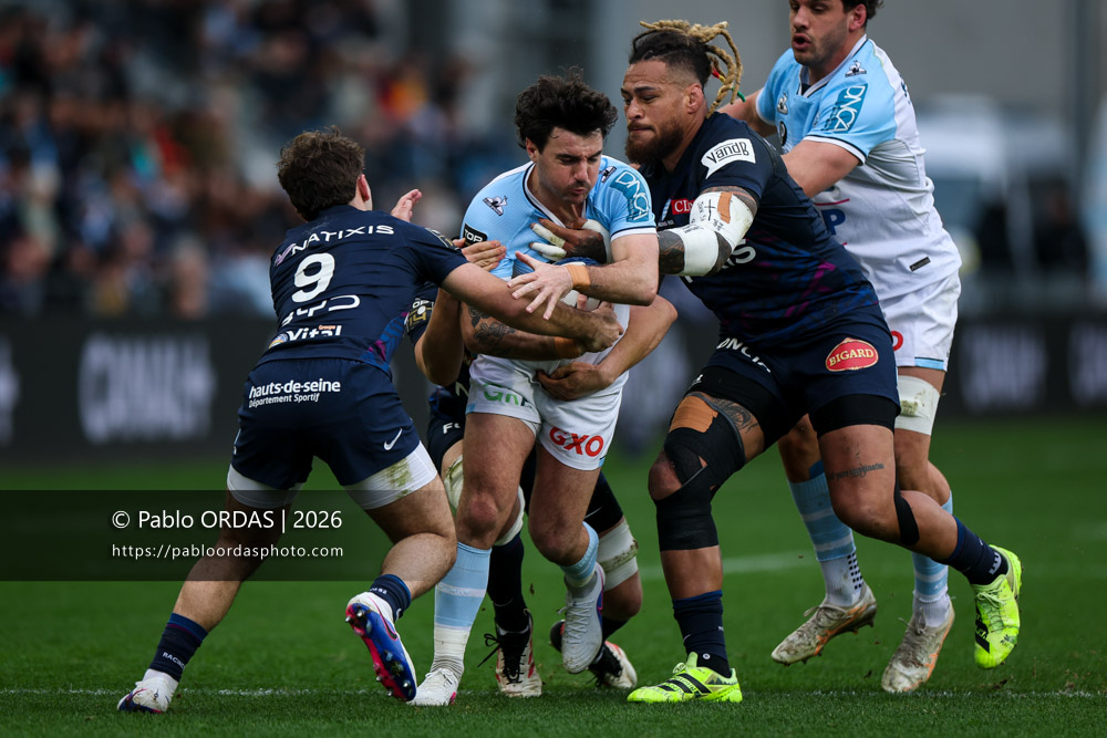 Baptiste Germain, lors du match de Top 14 entre l'Aviron bayonnais et le Racing 92, le 14 février 2026 au stade Jean Dauger de Bayonne, France (Photo Pablo ORDAS)