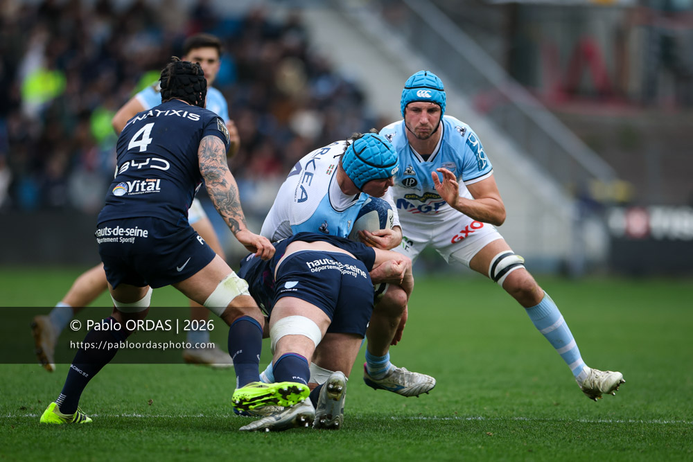 Arthur Iturria, lors du match de Top 14 entre l'Aviron bayonnais et le Racing 92, le 14 février 2026 au stade Jean Dauger de Bayonne, France (Photo Pablo ORDAS)