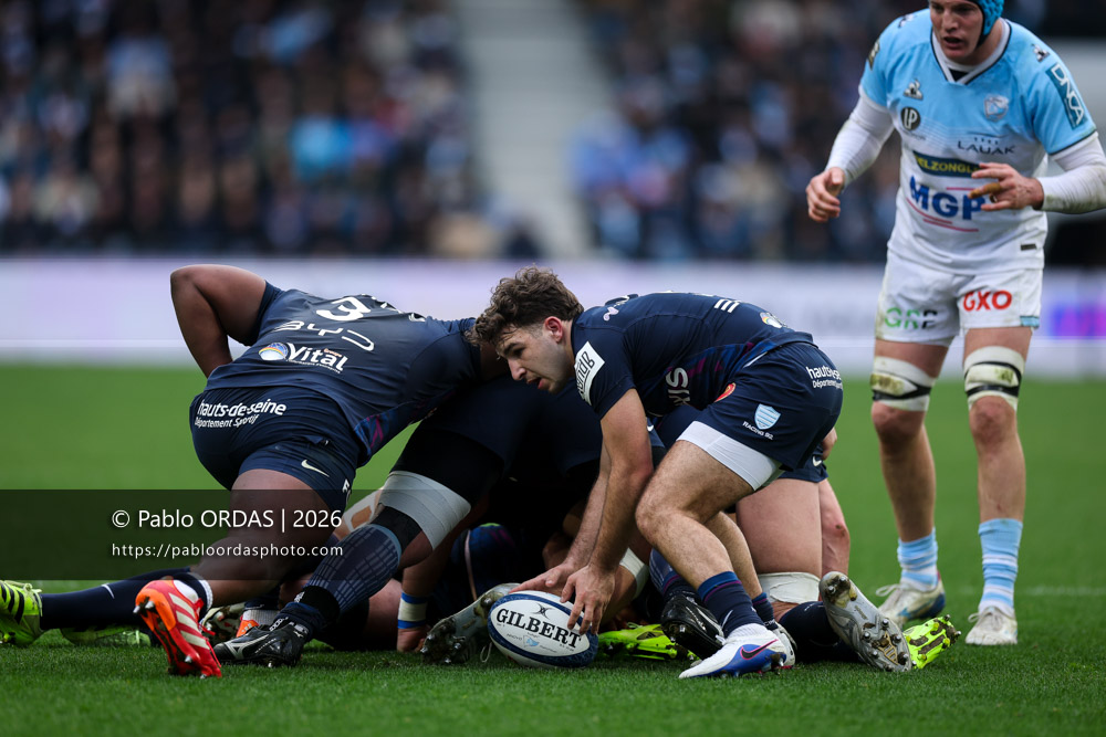 Léo Carbonneau, lors du match de Top 14 entre l'Aviron bayonnais et le Racing 92, le 14 février 2026 au stade Jean Dauger de Bayonne, France (Photo Pablo ORDAS)