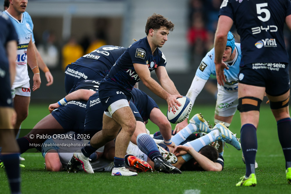 Léo Carbonneau, lors du match de Top 14 entre l'Aviron bayonnais et le Racing 92, le 14 février 2026 au stade Jean Dauger de Bayonne, France (Photo Pablo ORDAS)