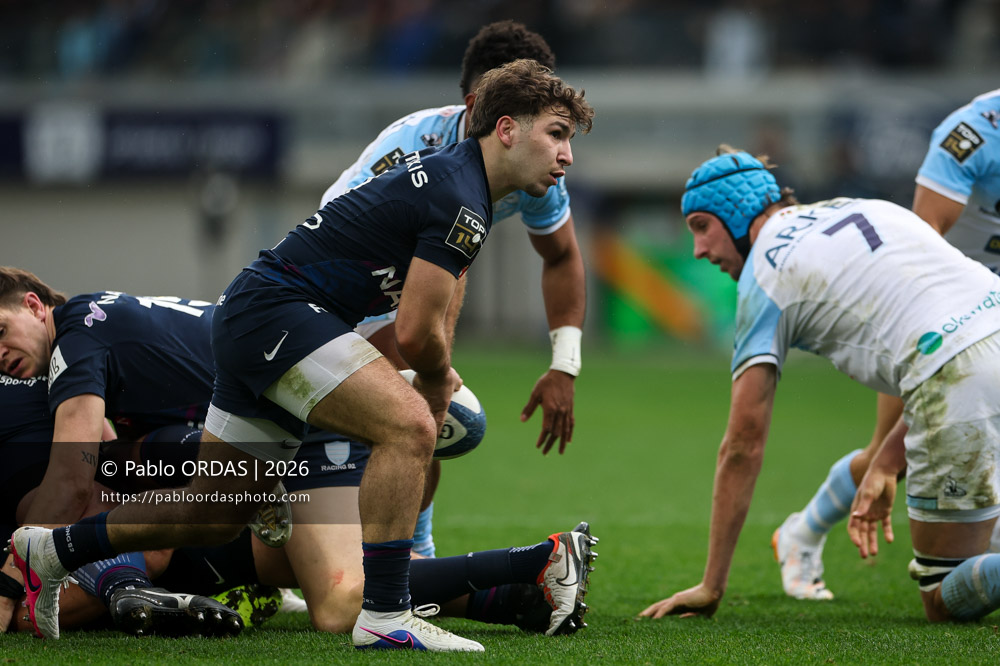 Léo Carbonneau, lors du match de Top 14 entre l'Aviron bayonnais et le Racing 92, le 14 février 2026 au stade Jean Dauger de Bayonne, France (Photo Pablo ORDAS)