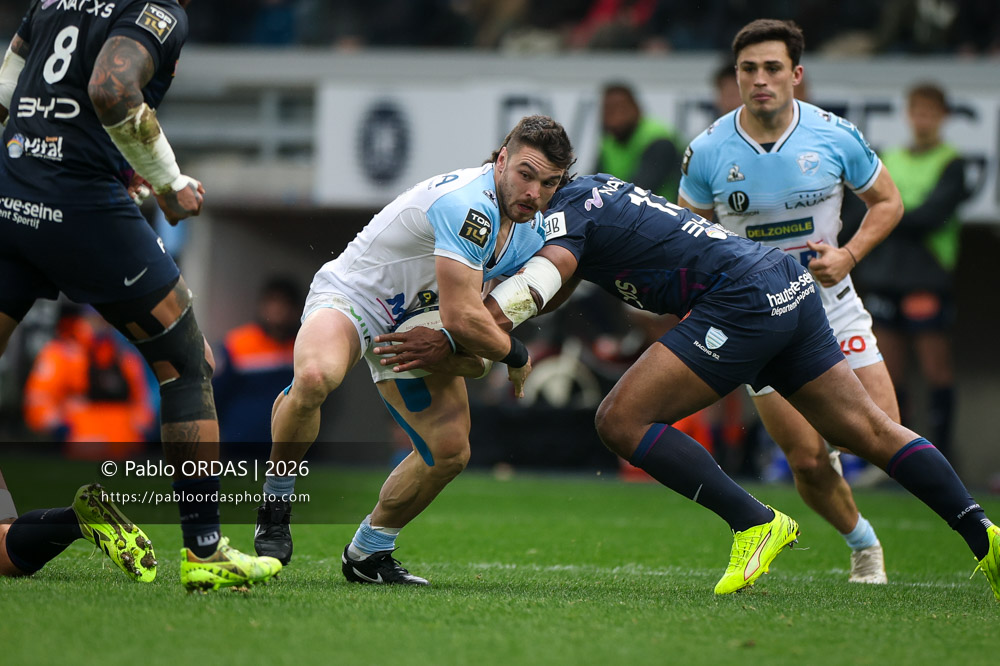 Mateo Carreras, lors du match de Top 14 entre l'Aviron bayonnais et le Racing 92, le 14 février 2026 au stade Jean Dauger de Bayonne, France (Photo Pablo ORDAS)