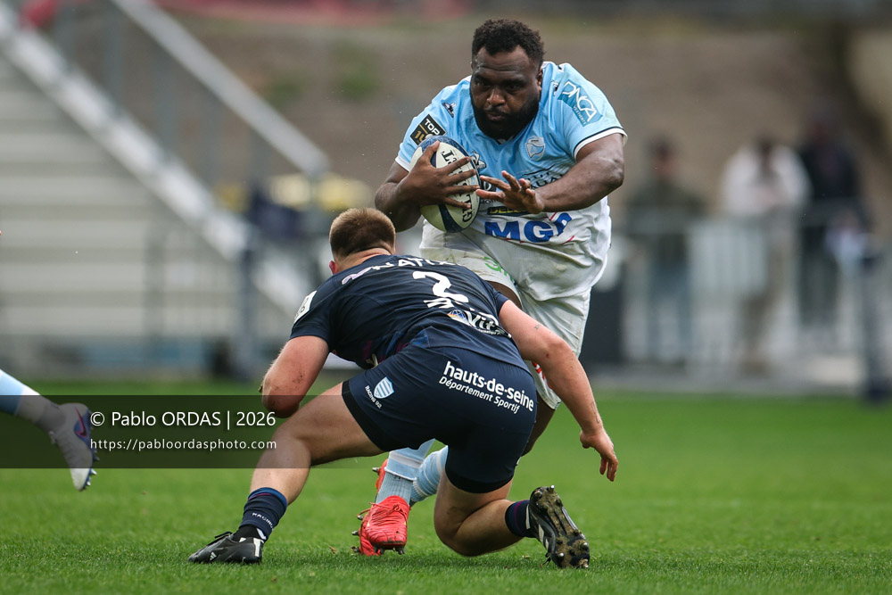 Luke Tagi, lors du match de Top 14 entre l'Aviron bayonnais et le Racing 92, le 14 février 2026 au stade Jean Dauger de Bayonne, France (Photo Pablo ORDAS)