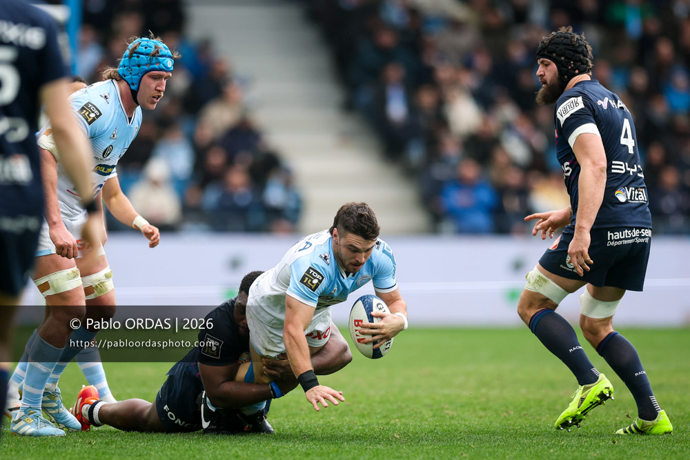 Mateo Carreras, lors du match de Top 14 entre l'Aviron bayonnais et le Racing 92, le 14 février 2026 au stade Jean Dauger de Bayonne, France (Photo Pablo ORDAS)