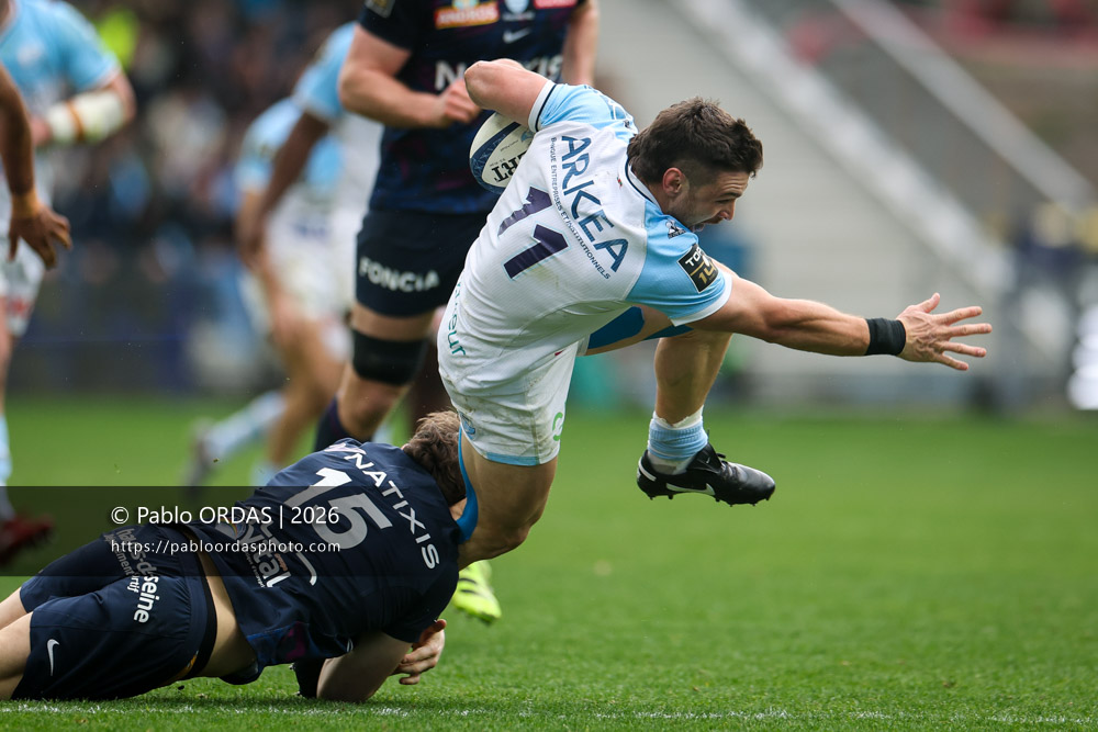 Mateo Carreras, lors du match de Top 14 entre l'Aviron bayonnais et le Racing 92, le 14 février 2026 au stade Jean Dauger de Bayonne, France (Photo Pablo ORDAS)