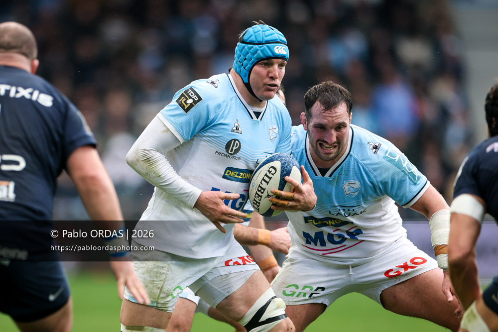 Arthur Iturria, lors du match de Top 14 entre l'Aviron bayonnais et le Racing 92, le 14 février 2026 au stade Jean Dauger de Bayonne, France (Photo Pablo ORDAS)