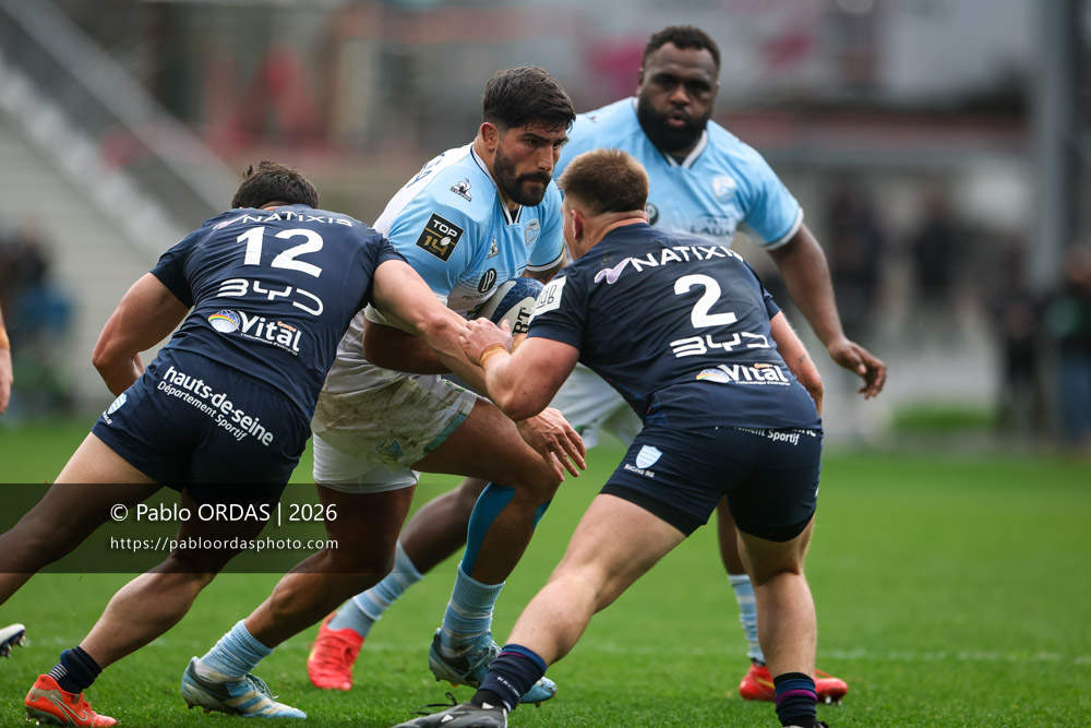 Rodrigo Bruni, lors du match de Top 14 entre l'Aviron bayonnais et le Racing 92, le 14 février 2026 au stade Jean Dauger de Bayonne, France (Photo Pablo ORDAS)