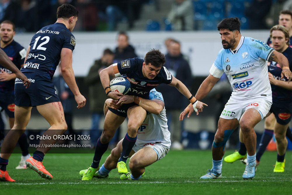 Max Spring, lors du match de Top 14 entre l'Aviron bayonnais et le Racing 92, le 14 février 2026 au stade Jean Dauger de Bayonne, France (Photo Pablo ORDAS)