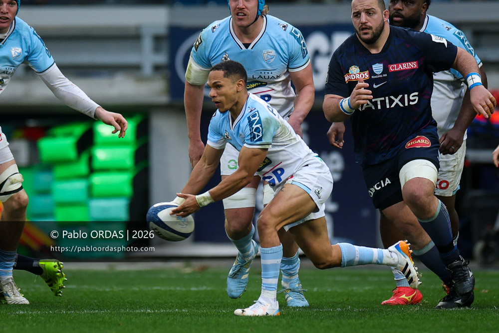 Herschel Jantjies, lors du match de Top 14 entre l'Aviron bayonnais et le Racing 92, le 14 février 2026 au stade Jean Dauger de Bayonne, France (Photo Pablo ORDAS)