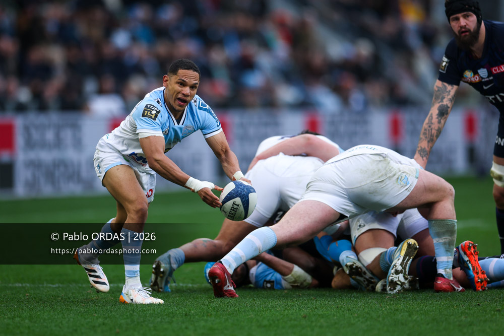 Herschel Jantjies, lors du match de Top 14 entre l'Aviron bayonnais et le Racing 92, le 14 février 2026 au stade Jean Dauger de Bayonne, France (Photo Pablo ORDAS)