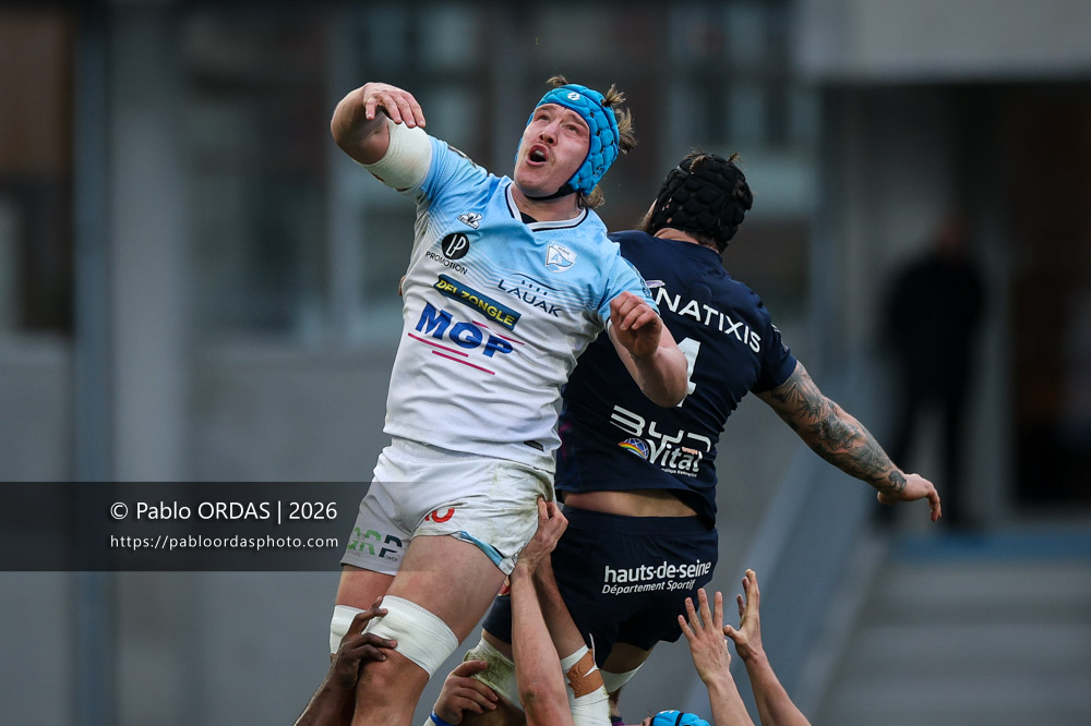 Alexander Moon, lors du match de Top 14 entre l'Aviron bayonnais et le Racing 92, le 14 février 2026 au stade Jean Dauger de Bayonne, France (Photo Pablo ORDAS)