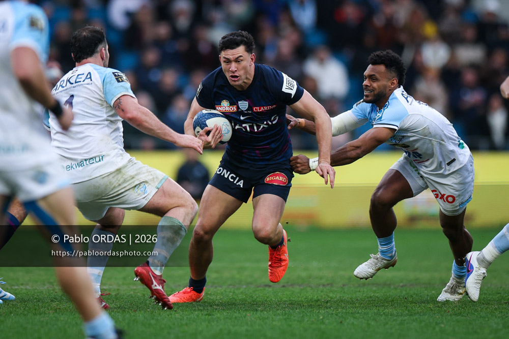 Joseph Manu, lors du match de Top 14 entre l'Aviron bayonnais et le Racing 92, le 14 février 2026 au stade Jean Dauger de Bayonne, France (Photo Pablo ORDAS)
