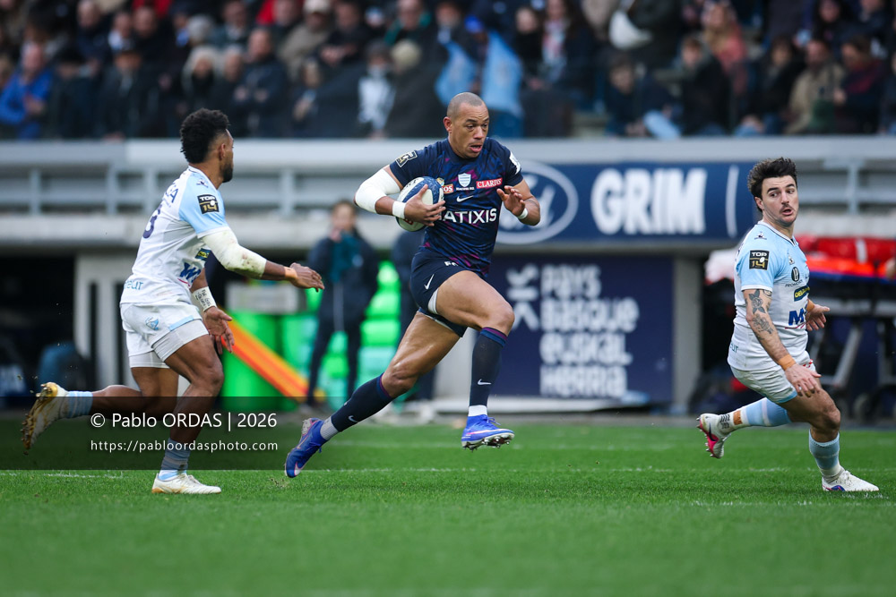 Gael Fickou, lors du match de Top 14 entre l'Aviron bayonnais et le Racing 92, le 14 février 2026 au stade Jean Dauger de Bayonne, France (Photo Pablo ORDAS)