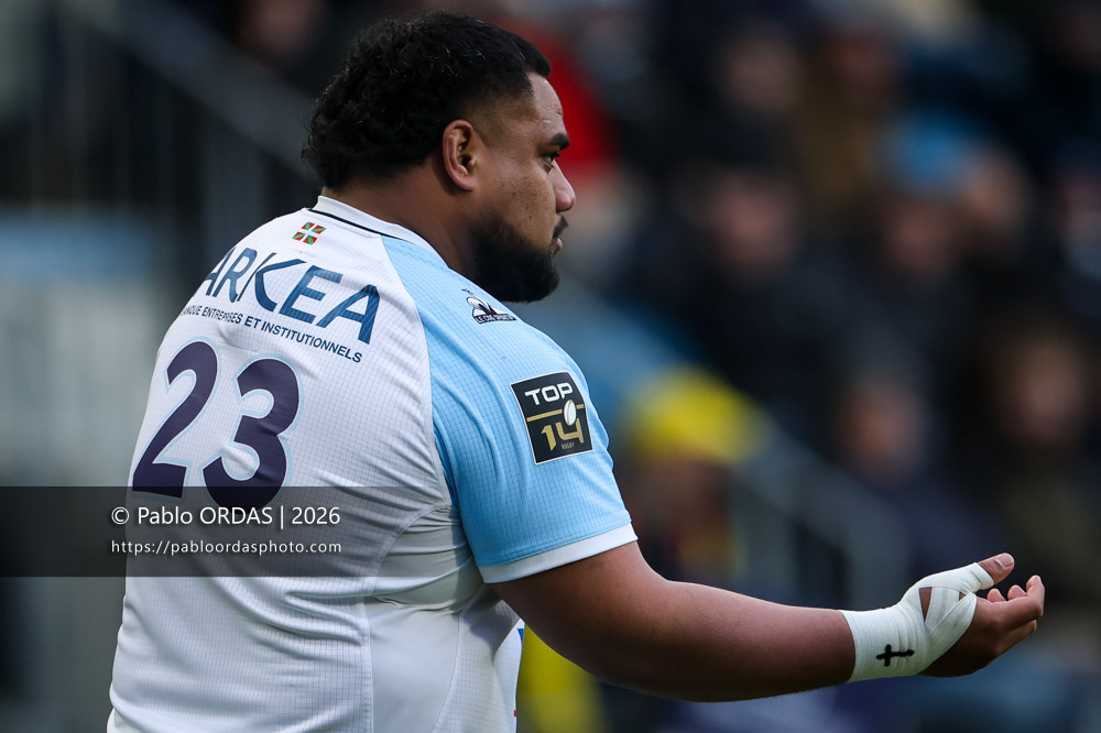 Tevita Tatafu, lors du match de Top 14 entre l'Aviron bayonnais et le Racing 92, le 14 février 2026 au stade Jean Dauger de Bayonne, France (Photo Pablo ORDAS)