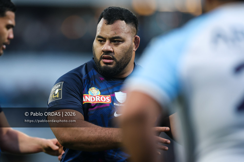Taniela Tupou, lors du match de Top 14 entre l'Aviron bayonnais et le Racing 92, le 14 février 2026 au stade Jean Dauger de Bayonne, France (Photo Pablo ORDAS)